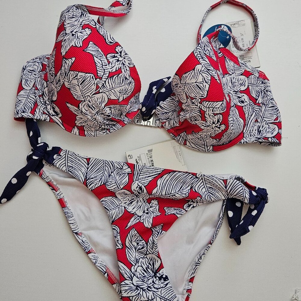 Enfasis Swimweare Bikini Set multway Red Blue Floral,  top size 105B, bottom 4